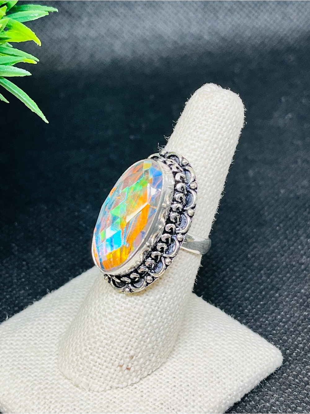 Mystic Topaz Oval Sterling Silver Ring in Vintage Setting